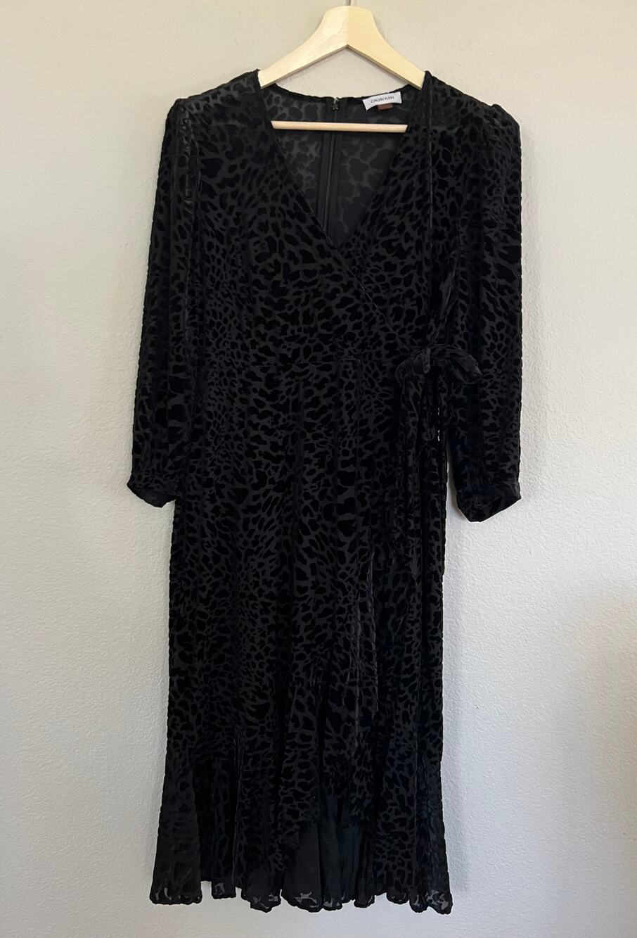 Calvin Klein Black Burnout Velvet Faux Wrap Midi Dress Size 16 Ruffle Leopard